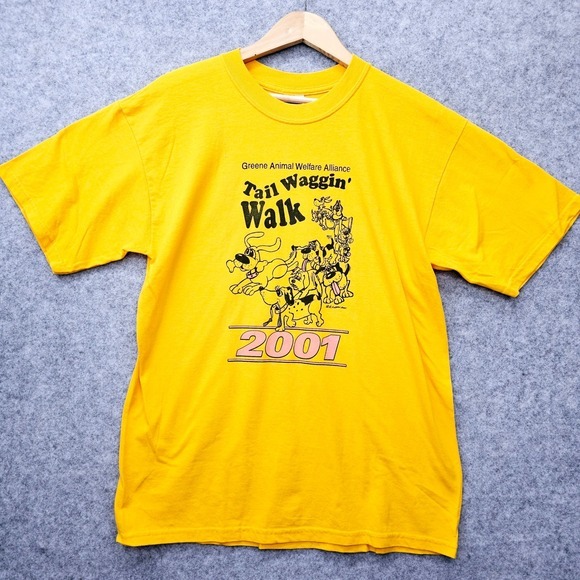 Gildan Other - Vintage Heavy Cotton T Shirt Mens M Yellow TAIL WAGGIN WALK Tee‎ Dog Animal Y2K
